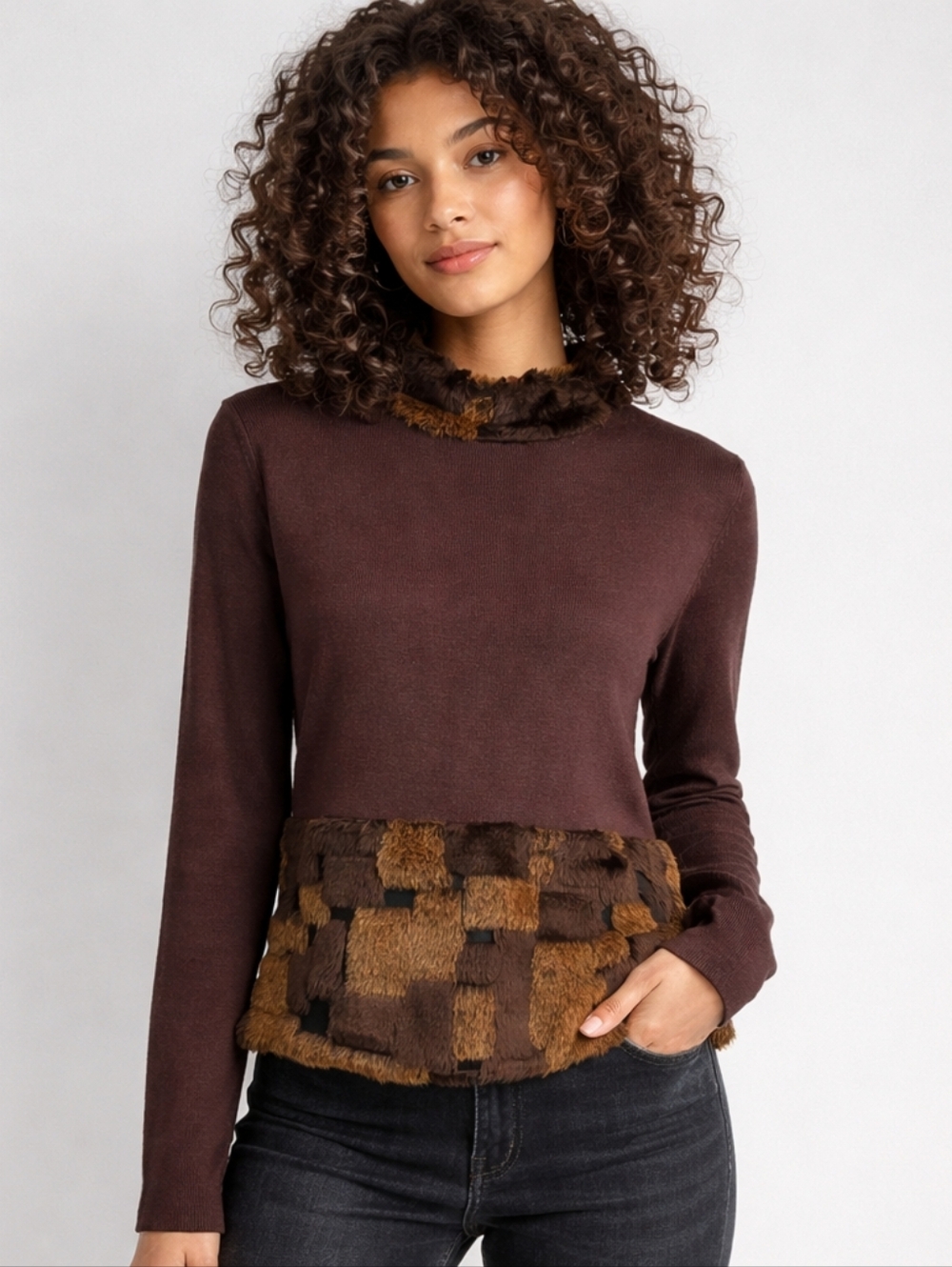 Vintage CUBIX Size Medium Brown Mock Neck Wool Blend Sweater with Faux Fur Trim